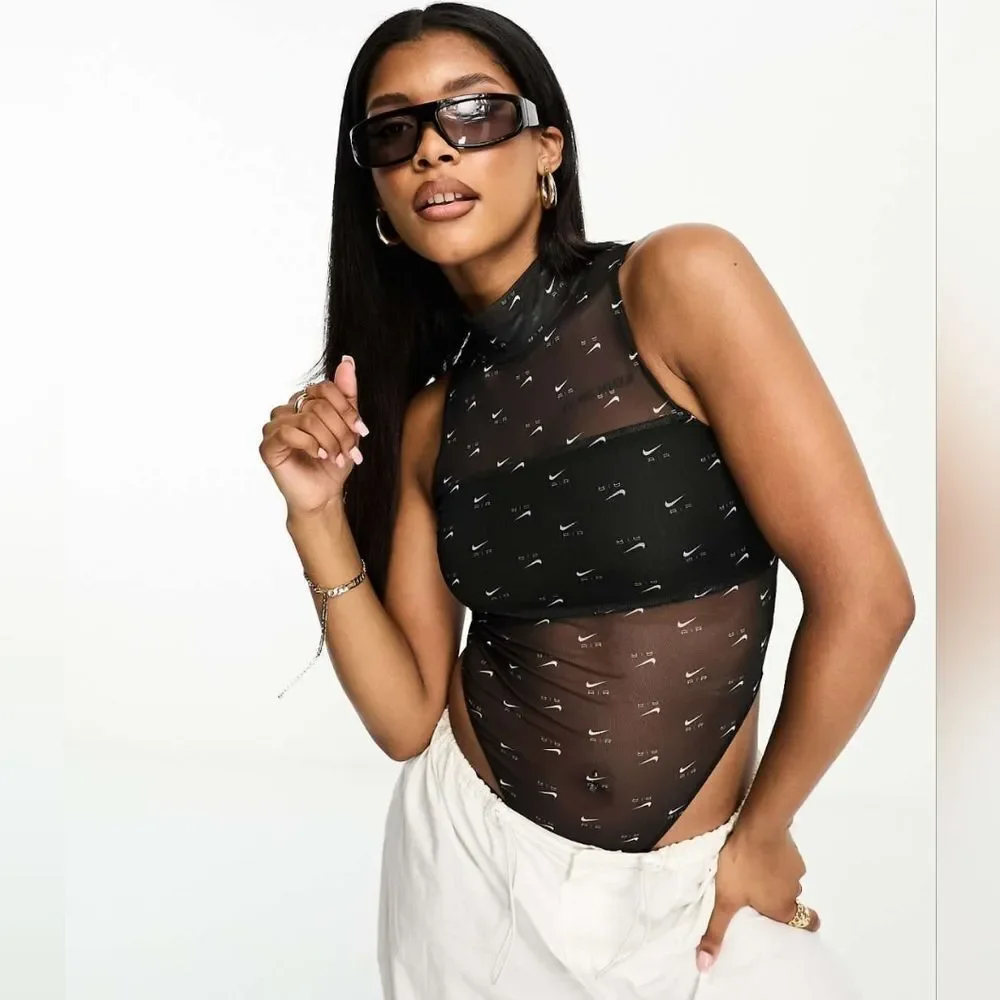 Nike Air Mock Neck All-Over Print Bodysuit Black Mesh Women’s Size M DV8243-010